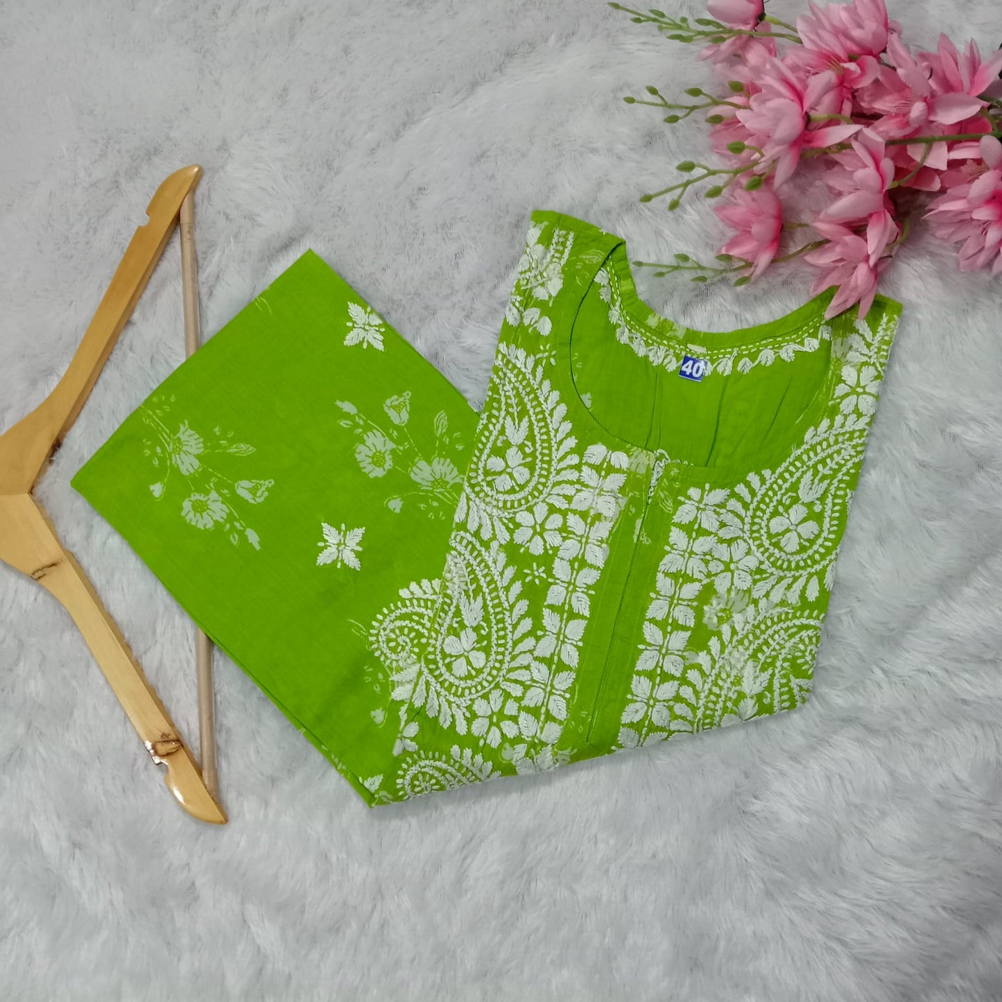 PURE MULMUL PRINTED CHIKANKARI KURTI - PARROT GREEN - Chikankaar