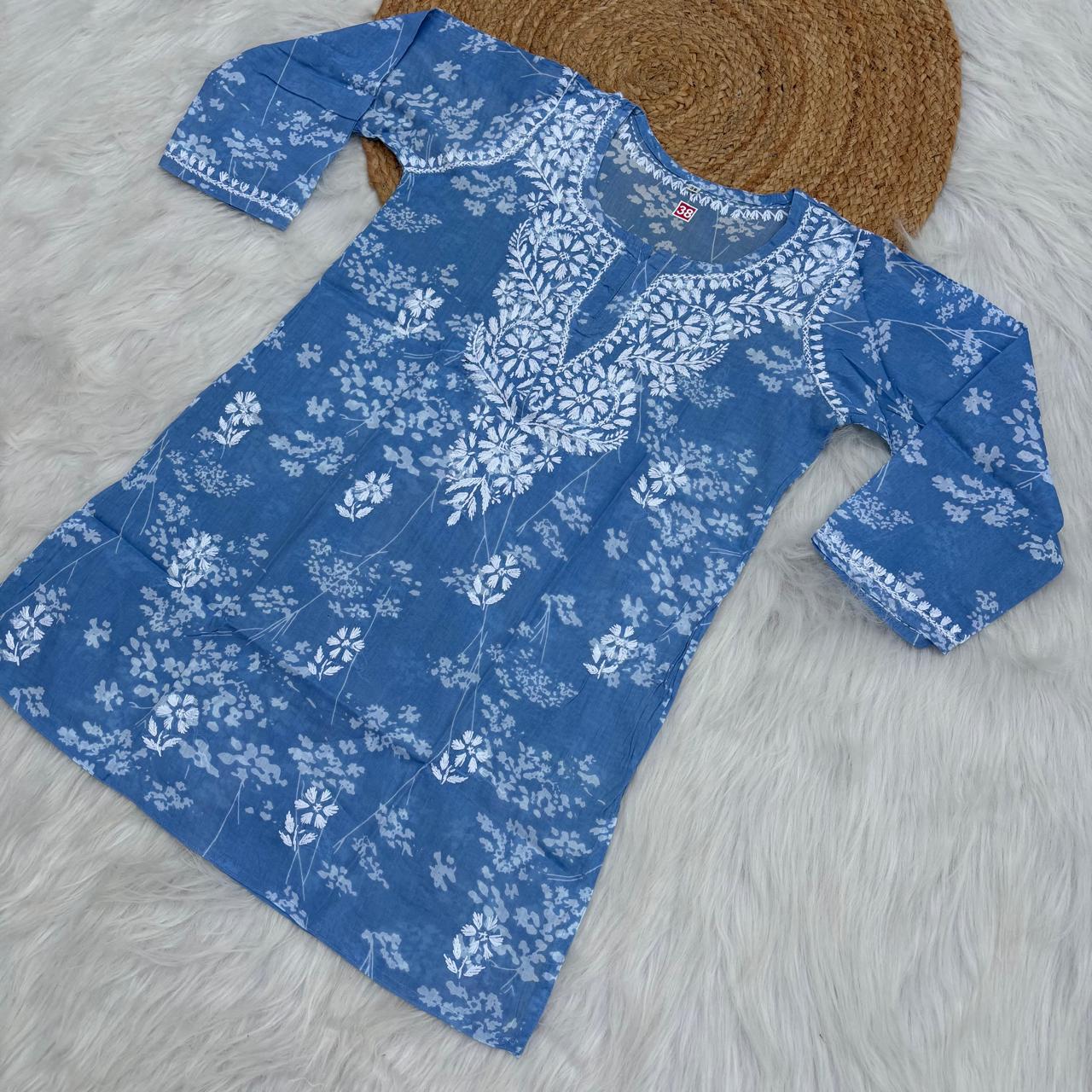 Malika Pure Mulmul Cotton Short Kurti - Blue Colour