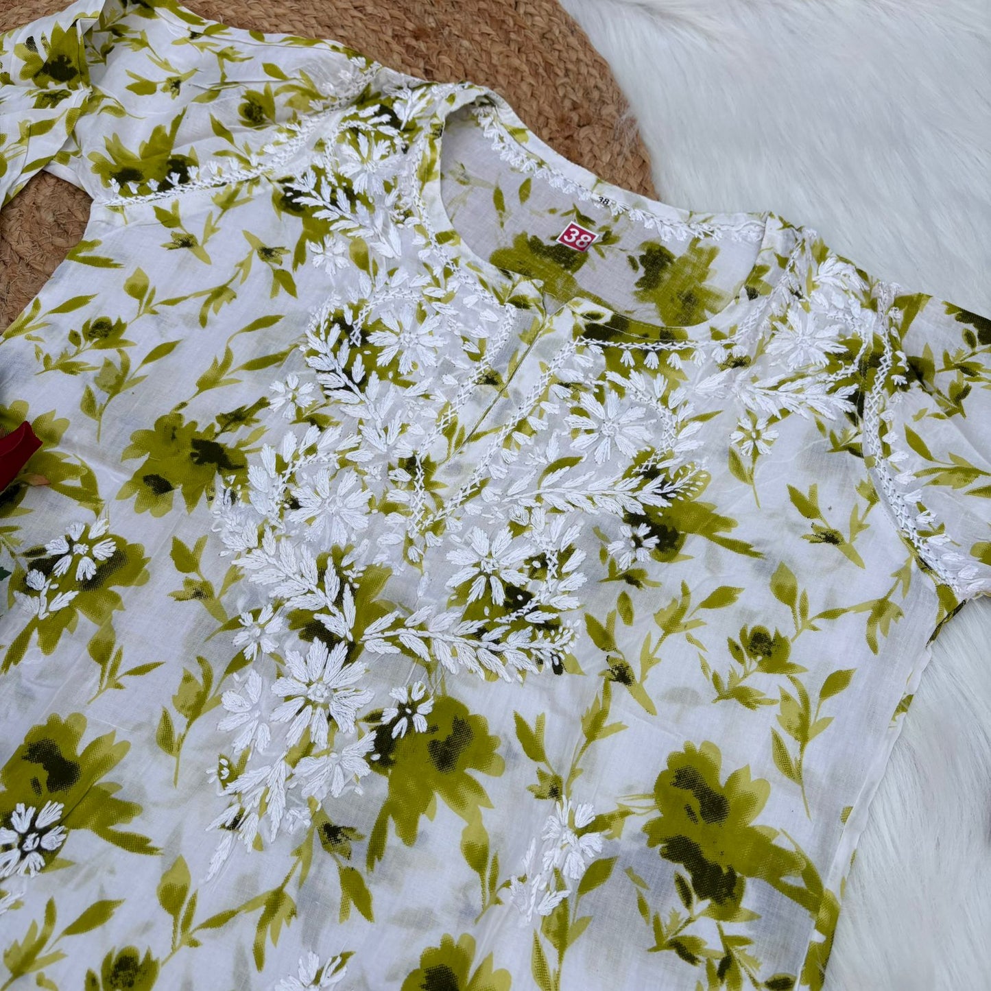 Asma Pure Mulmul Cotton Short Kurti - Green Colour - Chikankaar