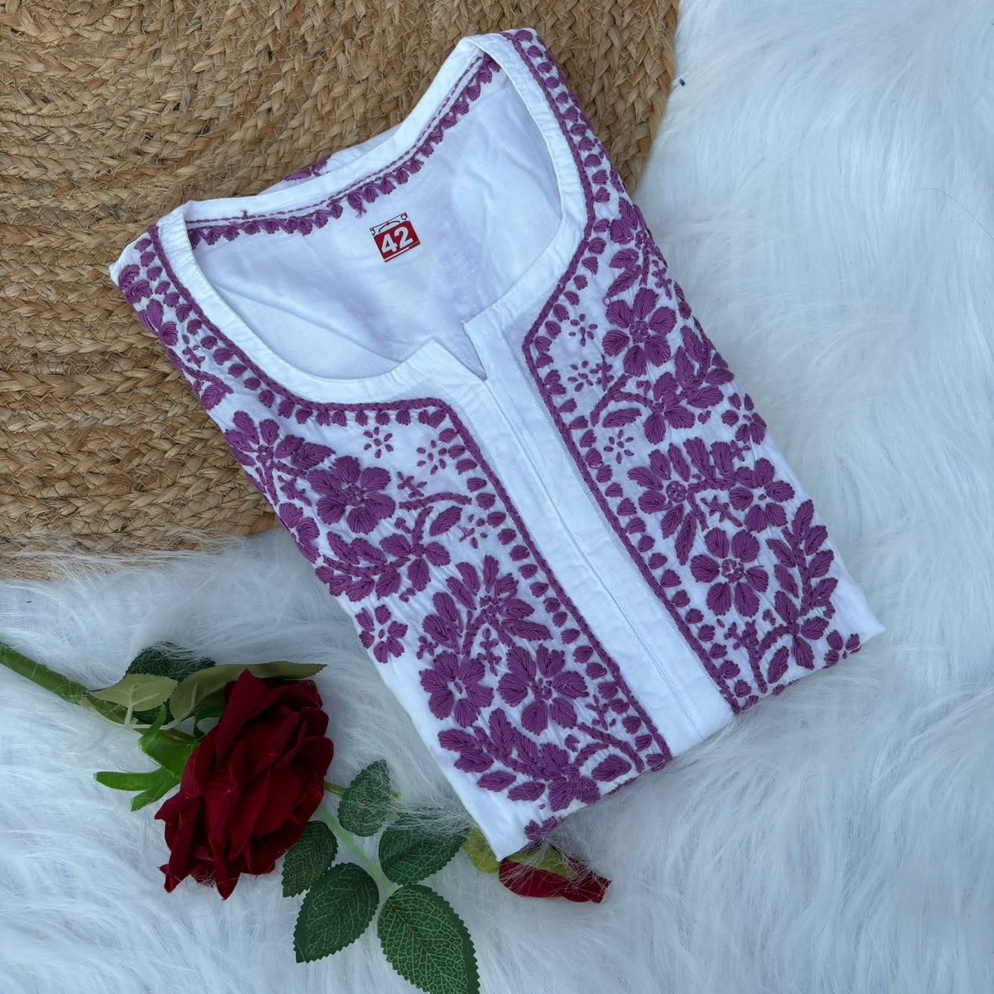 Shraddha Kapoor inspired Pure Cotton Chikankari Kurti - White Mauve Color - Chikankaar