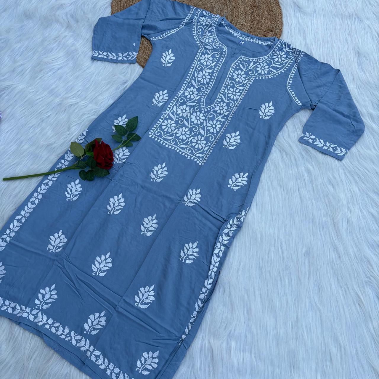 Soft Rayon Chikankari Kurti - Blue Colour