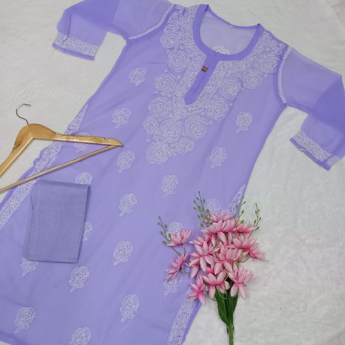 Georgette Chikankari Rose Work Kurti With Pure Cotton Inner -Purple Colour - Chikankaar