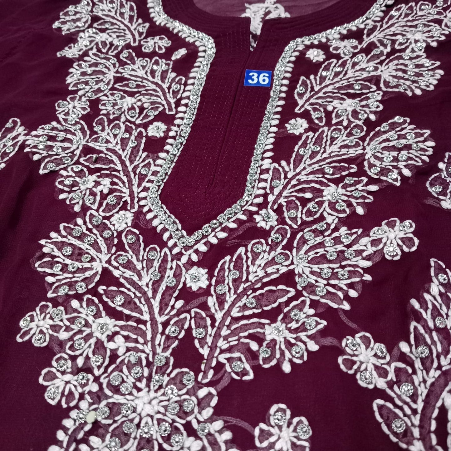 Stone Work Georgette Chikankari Kurti -Wine Colour - Chikankaar