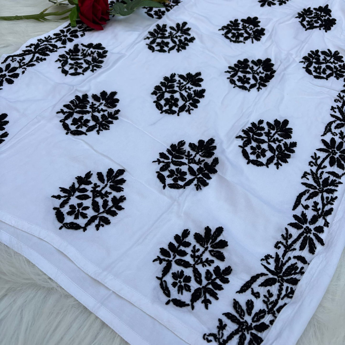 Amira Soft Rayon Chikankari Kurti - Black on White Color - Chikankaar
