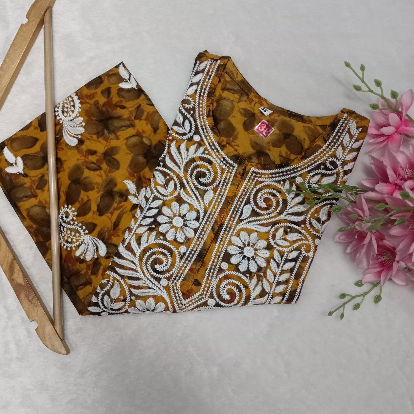 Cotton Silk Chikankari Machine Work Kurti - Mustard Colour - Chikankaar