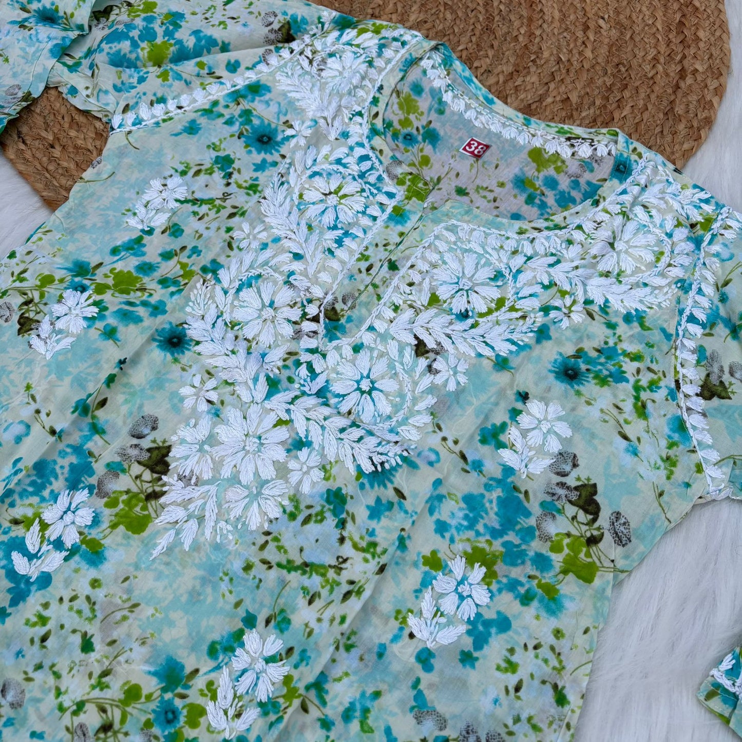 Nura Pure Mulmul Cotton Short Kurti - Sea Green Colour - Chikankaar