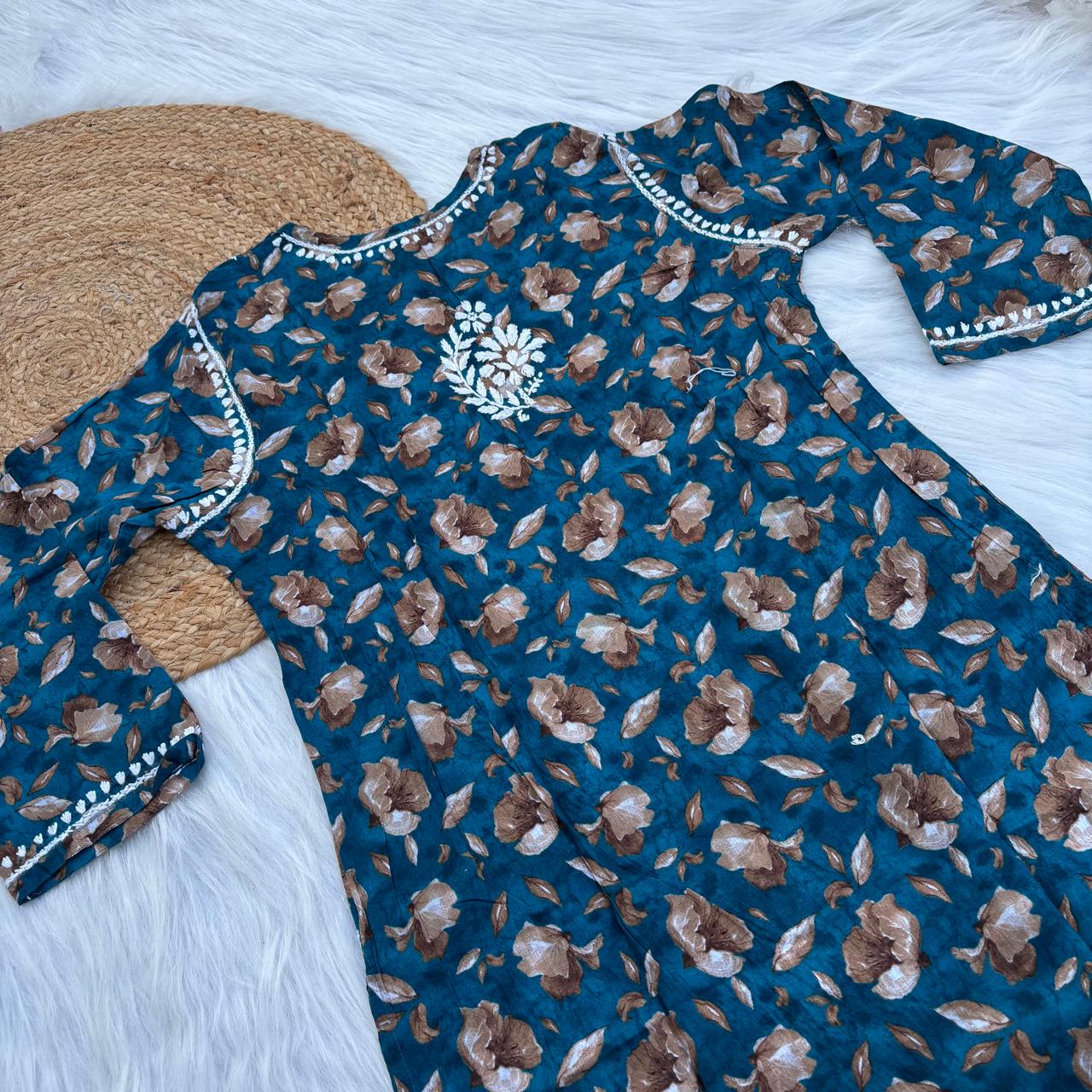 Sana Pure Mulmul Chikankari Handwork Kurti -Sea Green Colour