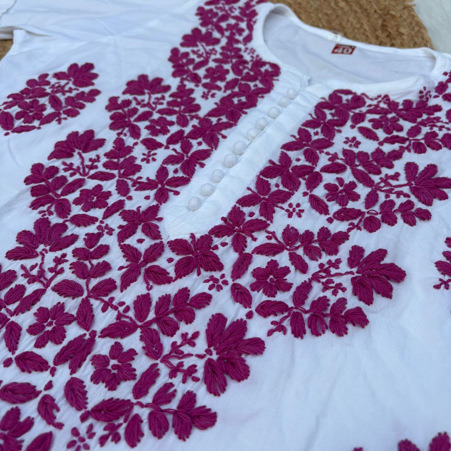Amira Soft Rayon Chikankari Kurti - Rani on White Color - Chikankaar
