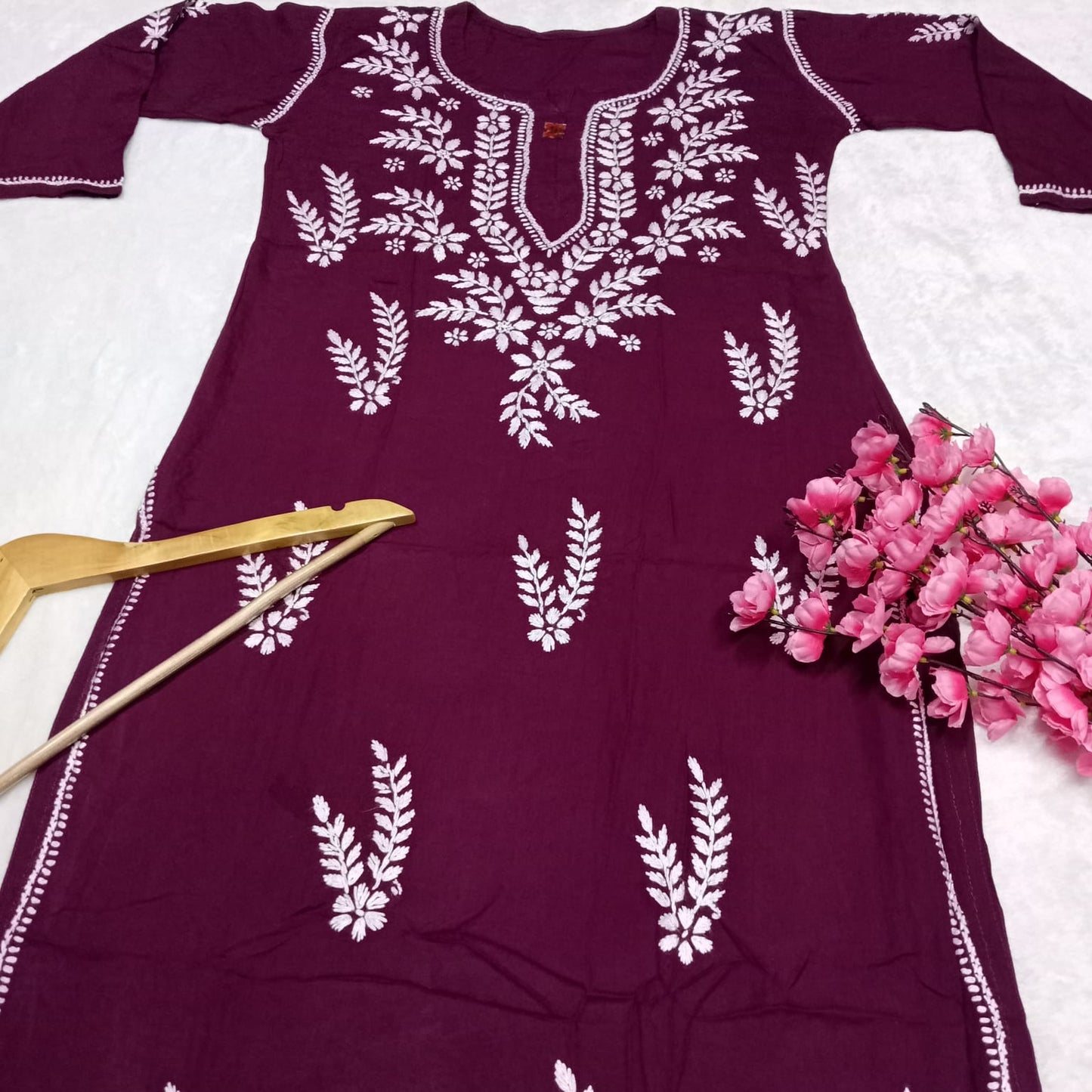 Pure Rayon Chikankari Ghas Patti Work Kurti -Wine Colour - Chikankaar