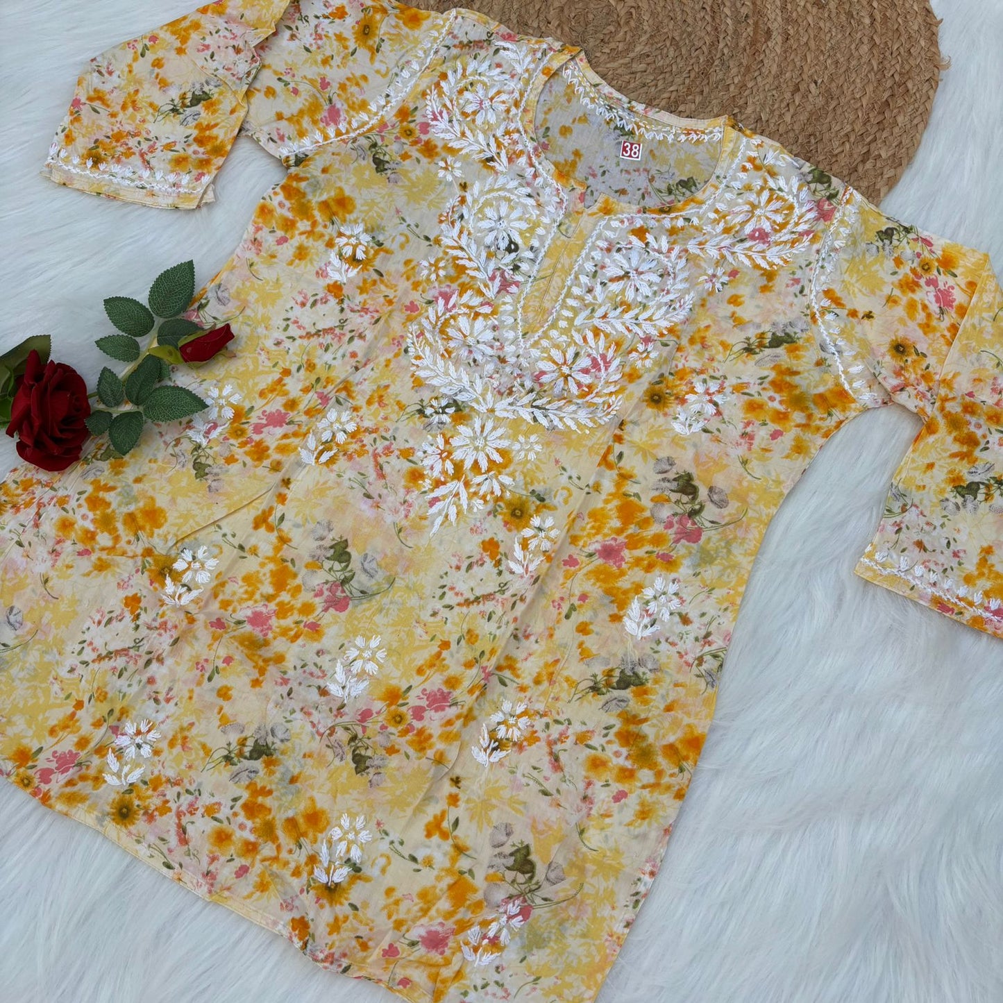 Nura Pure Mulmul Cotton Short Kurti - Yellow Colour - Chikankaar