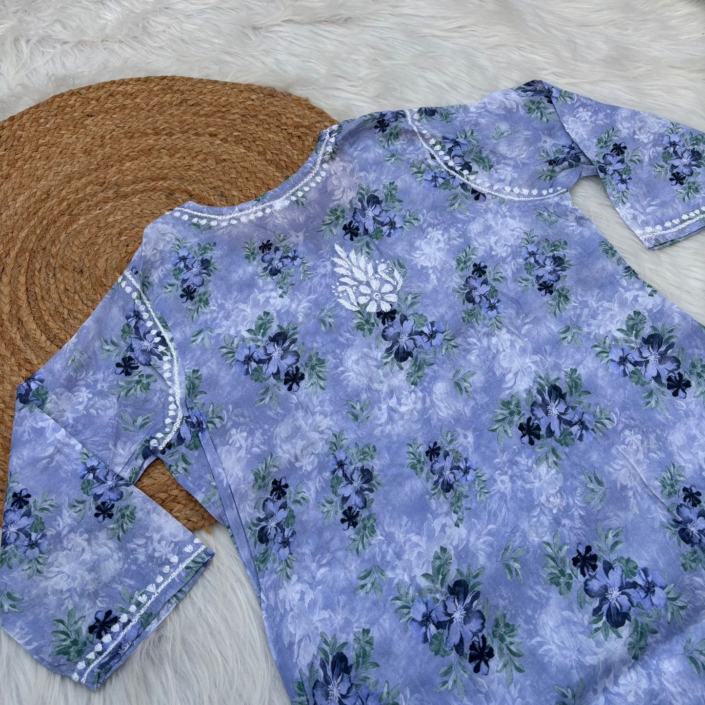 Fawziya Pure Mulmul Chikankari Handwork Kurti - Blue Colour