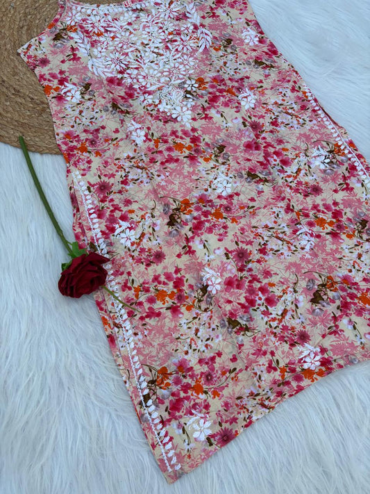 Hana Mulmul Chikankari Noodle Strap Short Kurti - Red colour (Length - 38")