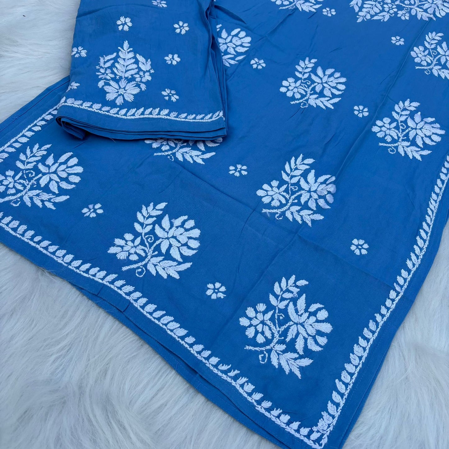 Jannat Soft Rayon Chikankari Kurti Plazo Set - Blue colour - Chikankaar