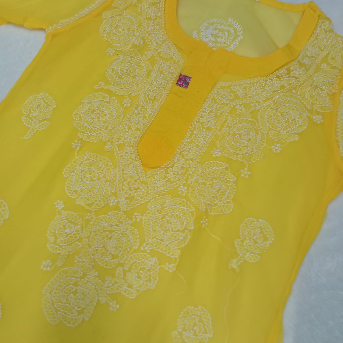 Georgette Chikankari Rose Work Kurti With Pure Cotton Inner -Yellow Colour - Chikankaar