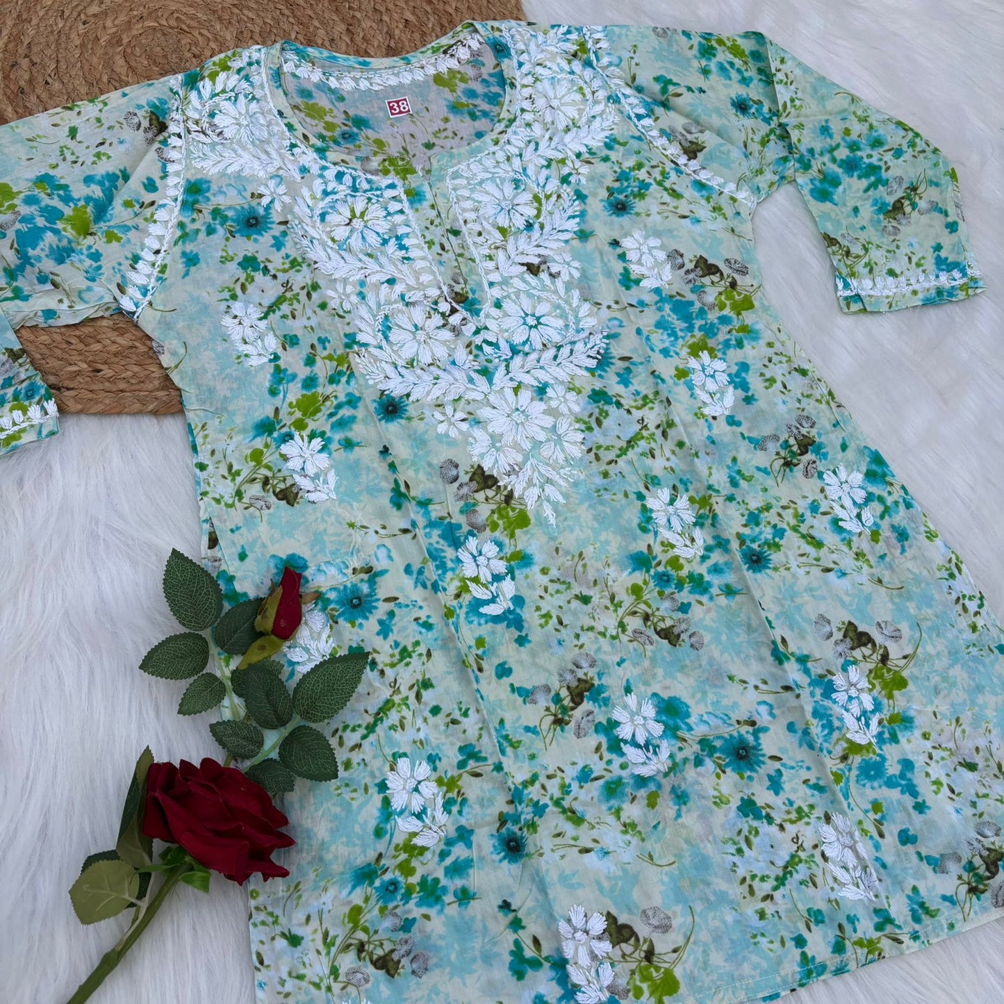 Nura Pure Mulmul Cotton Short Kurti - Sea Green Colour - Chikankaar