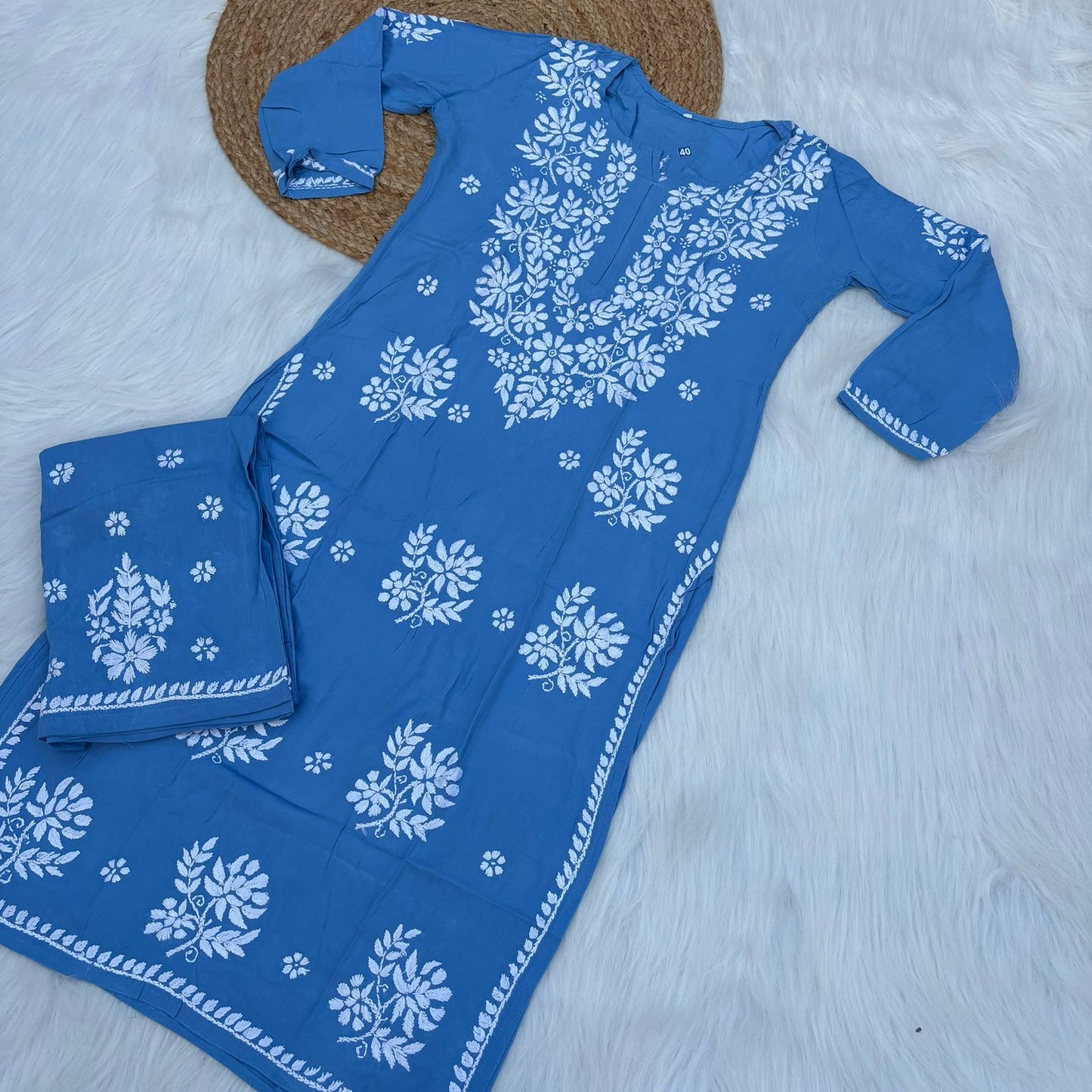 Jannat Soft Rayon Chikankari Kurti Plazo Set - Blue colour - Chikankaar