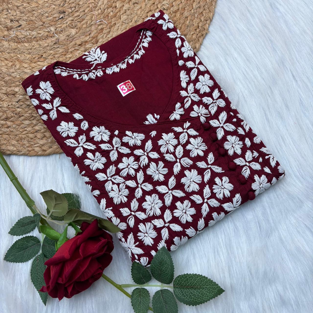 Sabeena Pure Cotton Chikankari Kurti Maroon Colour