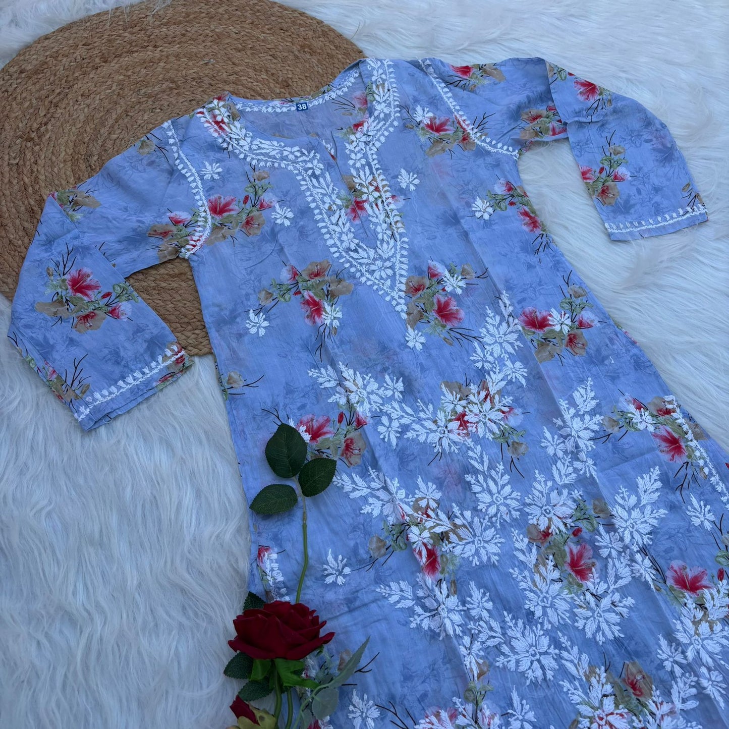 Rasha Pure Mulmul Chikankari Kurti - Blue Color
