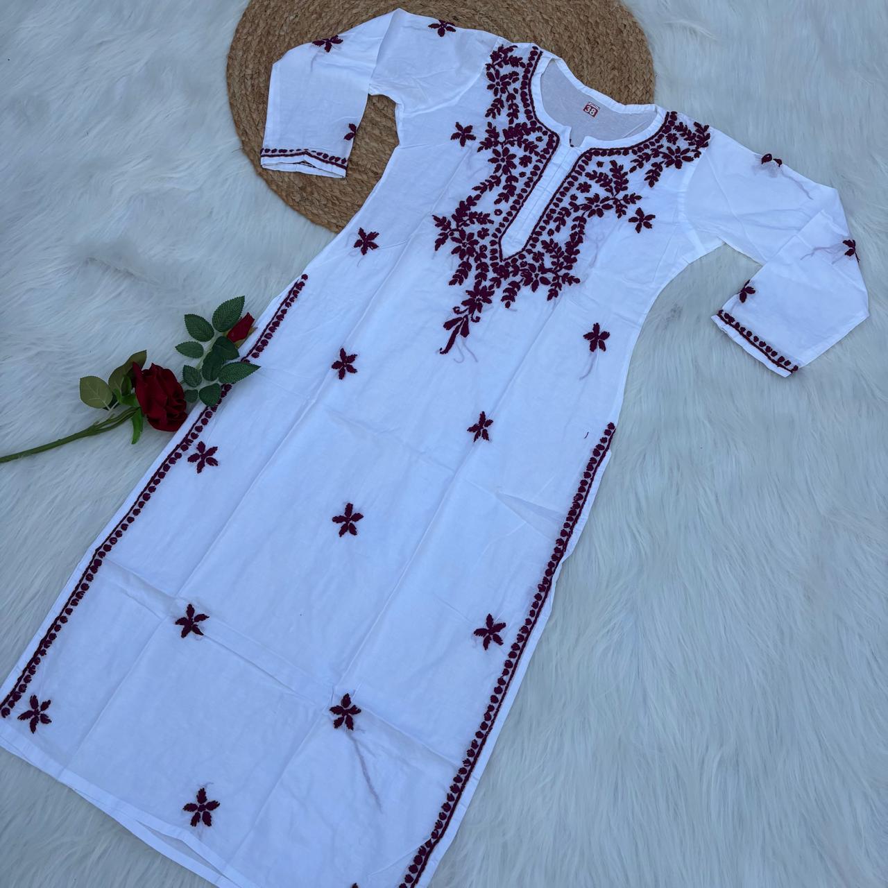 Shraddha Kapoor inspired Pure Cotton Chikankari Kurti - Wine Colour - Chikankaar