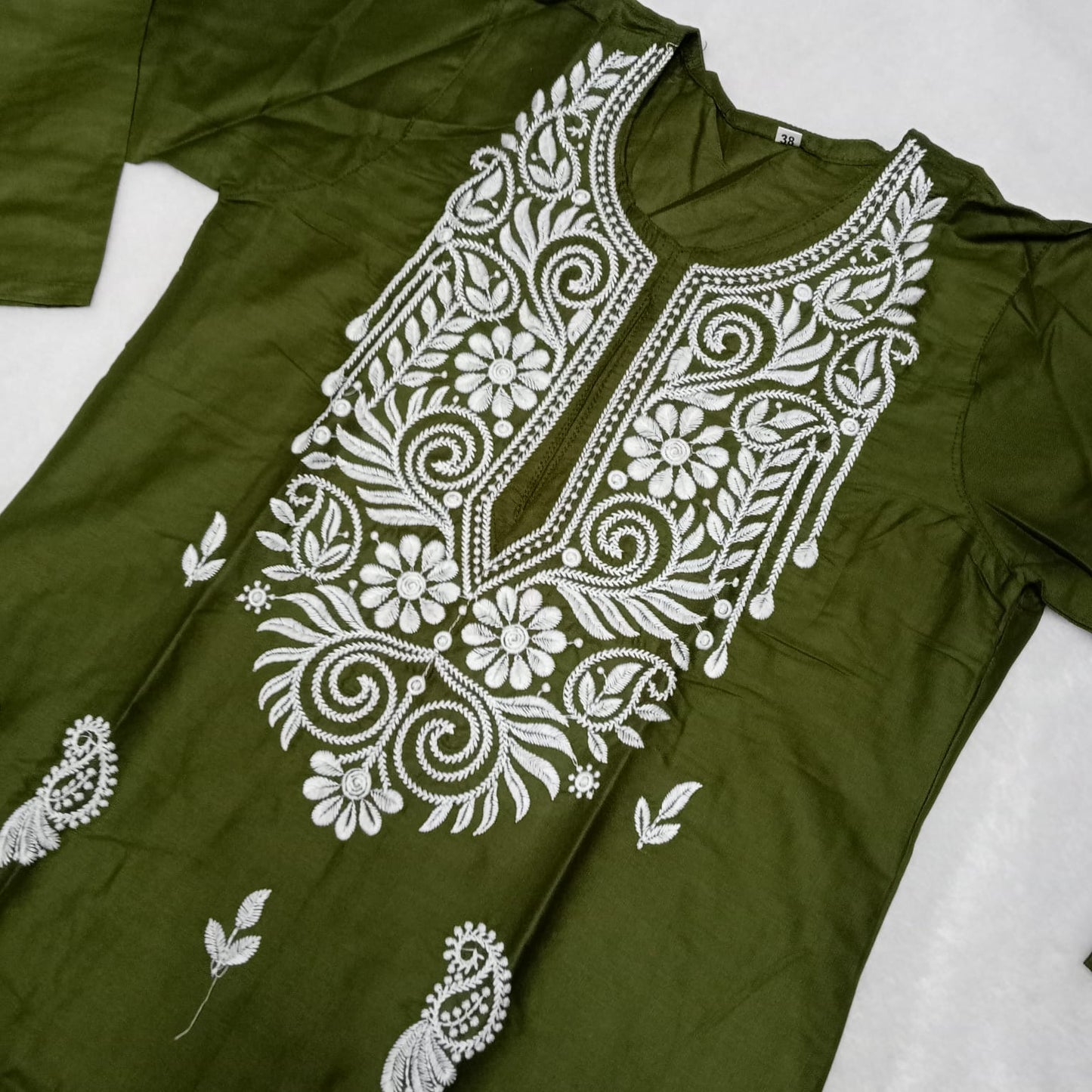Rayon Chikankari Machine Work Kurti Plazo Set- Mehndi Colour - Chikankaar