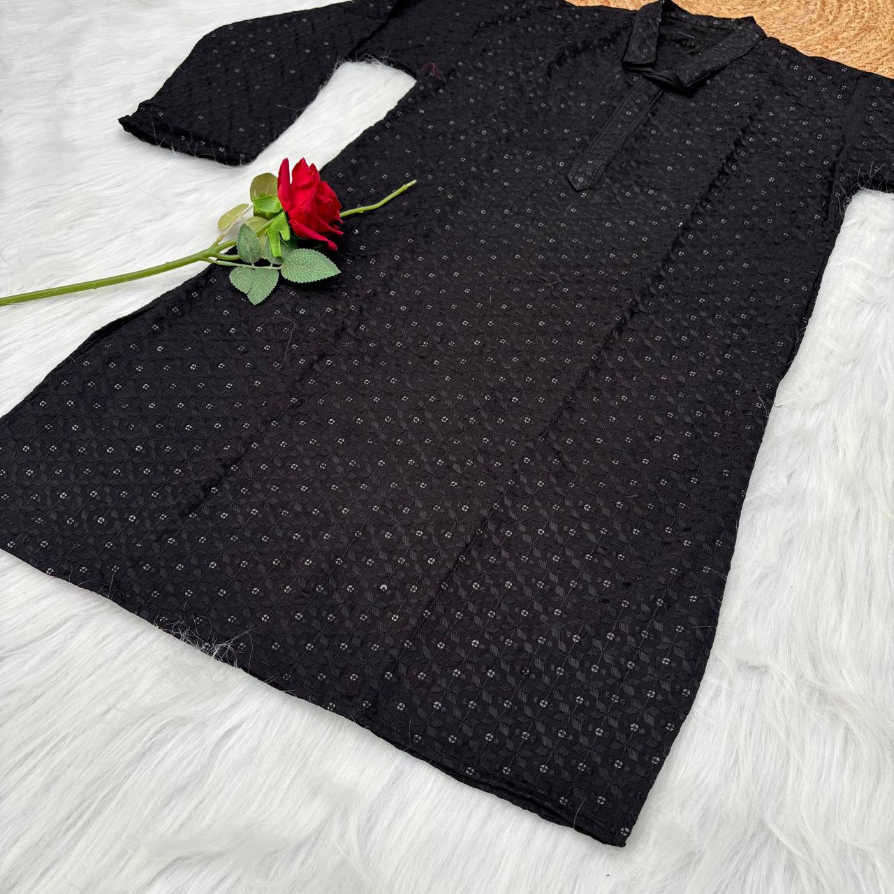 Ayaan Mens Cotton Chikankari Kurta - Black colour