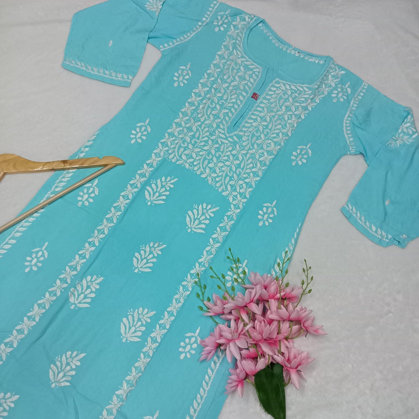 Soft Rayon Heavy Chikankari Panel Work Kurti -Sky Blue Colour - Chikankaar