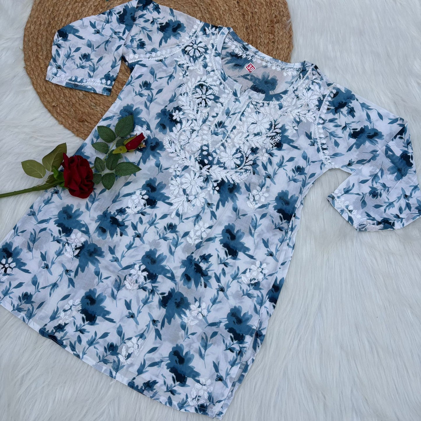 Asma Pure Mulmul Cotton Short Kurti - Blue Colour - Chikankaar
