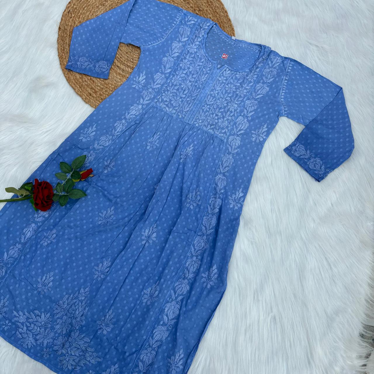 Aliya Dobby Cotton Nyra Cut Chikankari Aline Kurti - Ocean Blue - Chikankaar