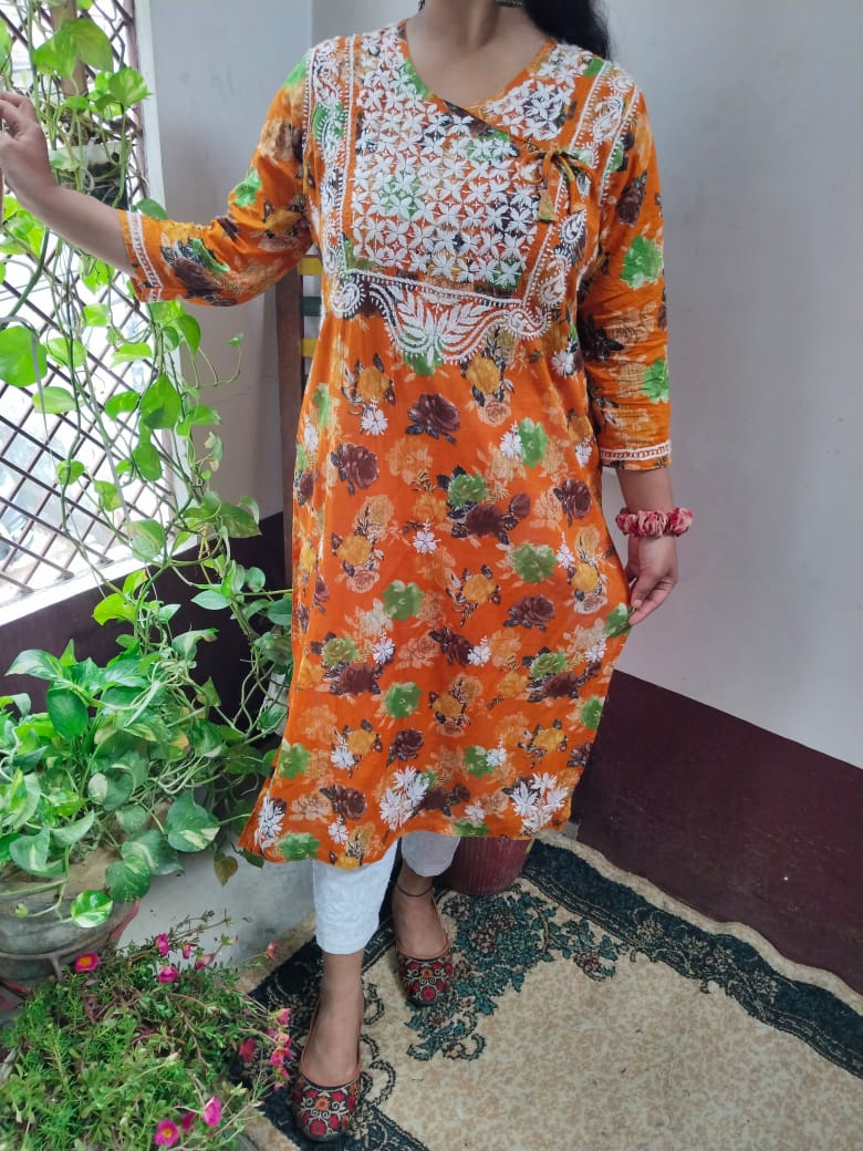 Masooma Mulmul Floral Printed Chikankari Handwork Kurti - Yellow Colour - Chikankaar