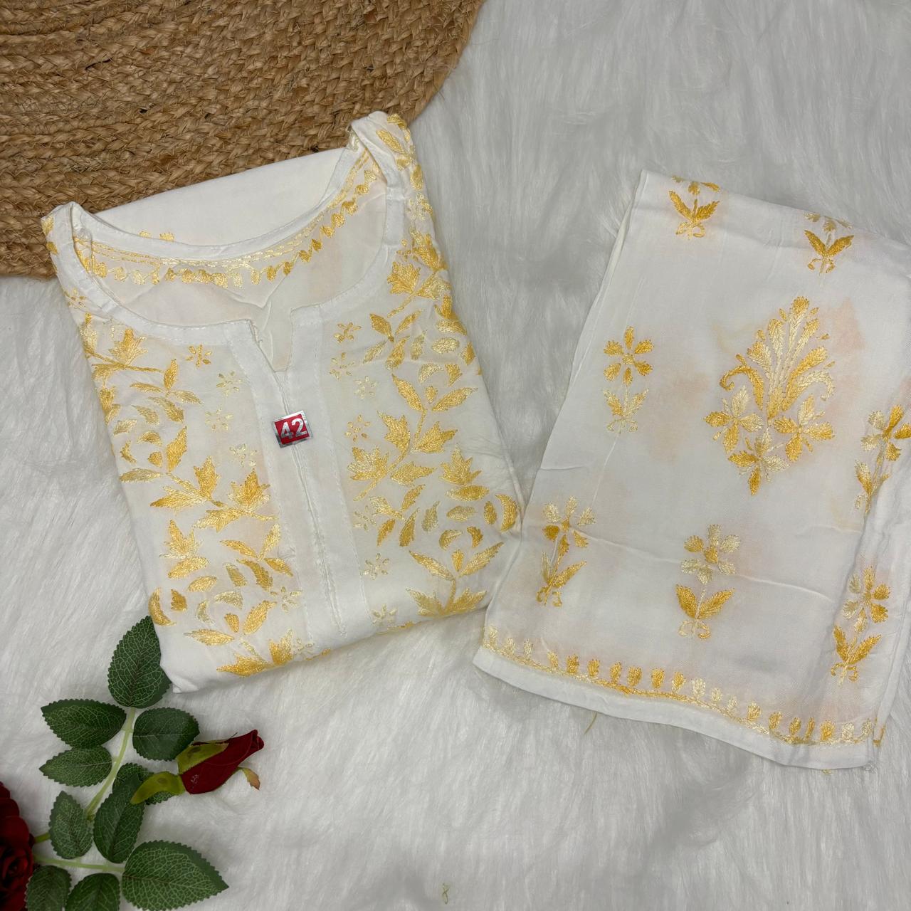 Aleena Rayon Chikankari Kurti Plazo Set - White Yellow color - Chikankaar