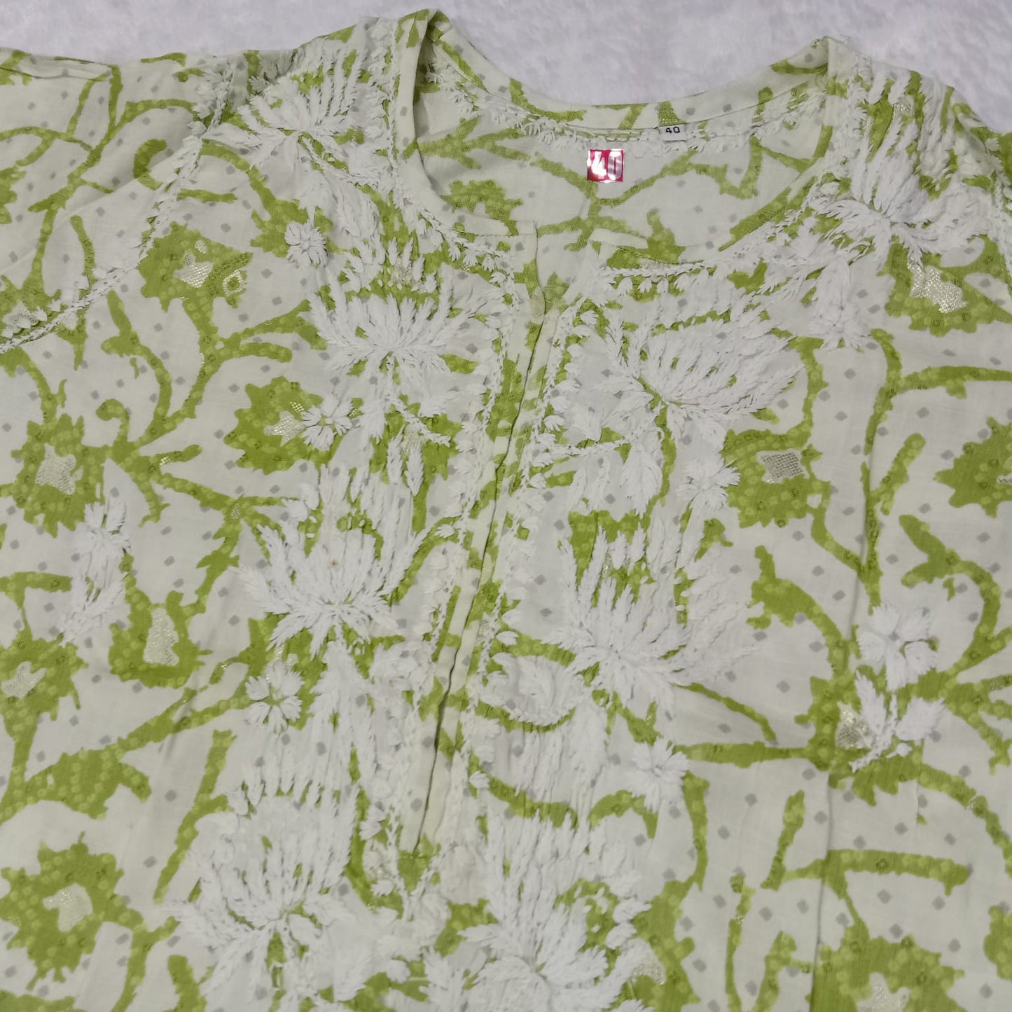 MODAL SLUB CHIKANKARI LOTUS WORK KURTI -LEAF GREEN COLOUR - Chikankaar