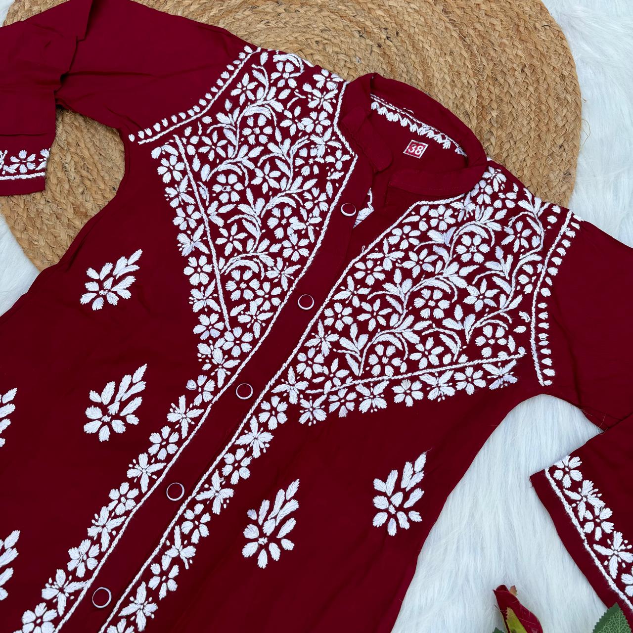 Rihana Rayon Chikankari Short Kurti Plazo Coord Set - Maroon colour - Chikankaar