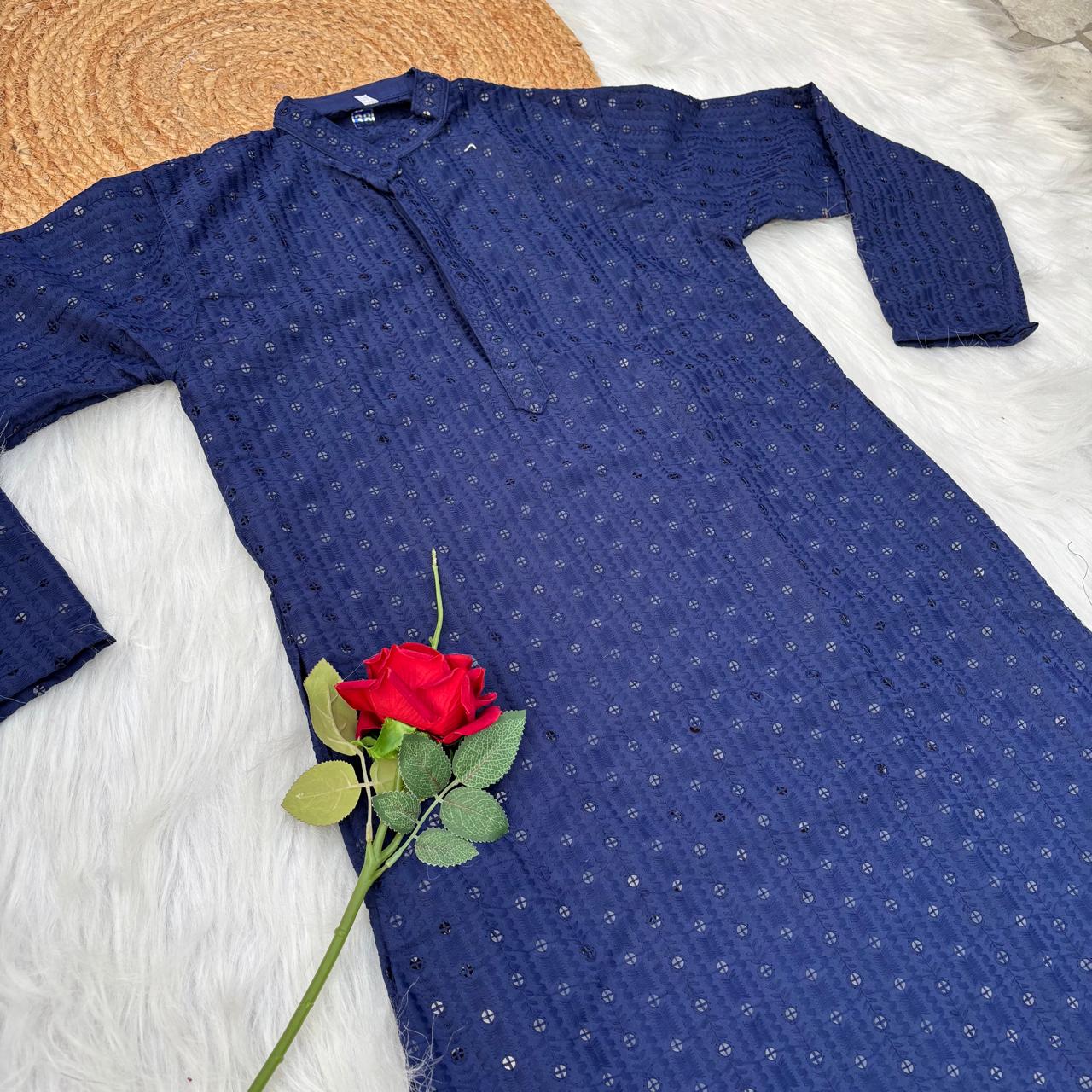 Ayaan Mens Cotton Chikankari Kurta - Blue colour
