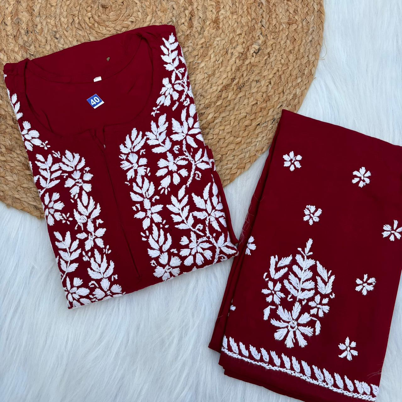 Jannat Soft Rayon Chikankari Kurti Plazo Set - Maroon colour - Chikankaar