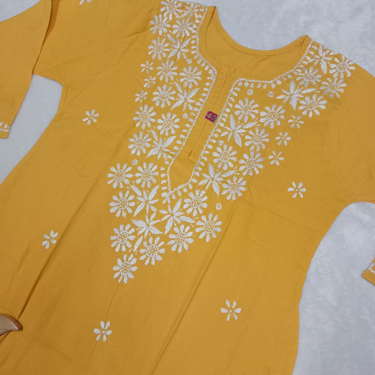Pure Cotton Chikankari Handwork Kurti - Yellow Colour - Chikankaar