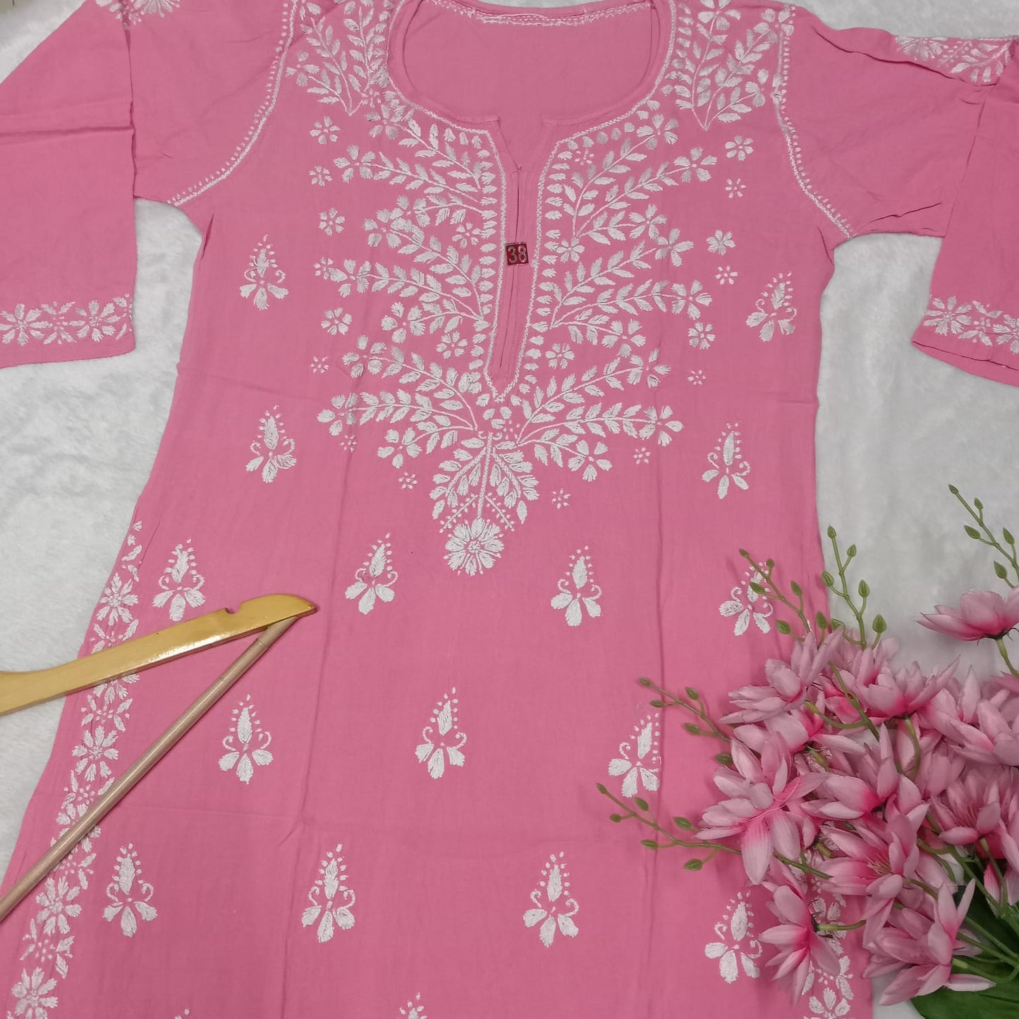 Soft Rayon Chikankari Ghaspatti Work Kurti Pink -Colour - Chikankaar