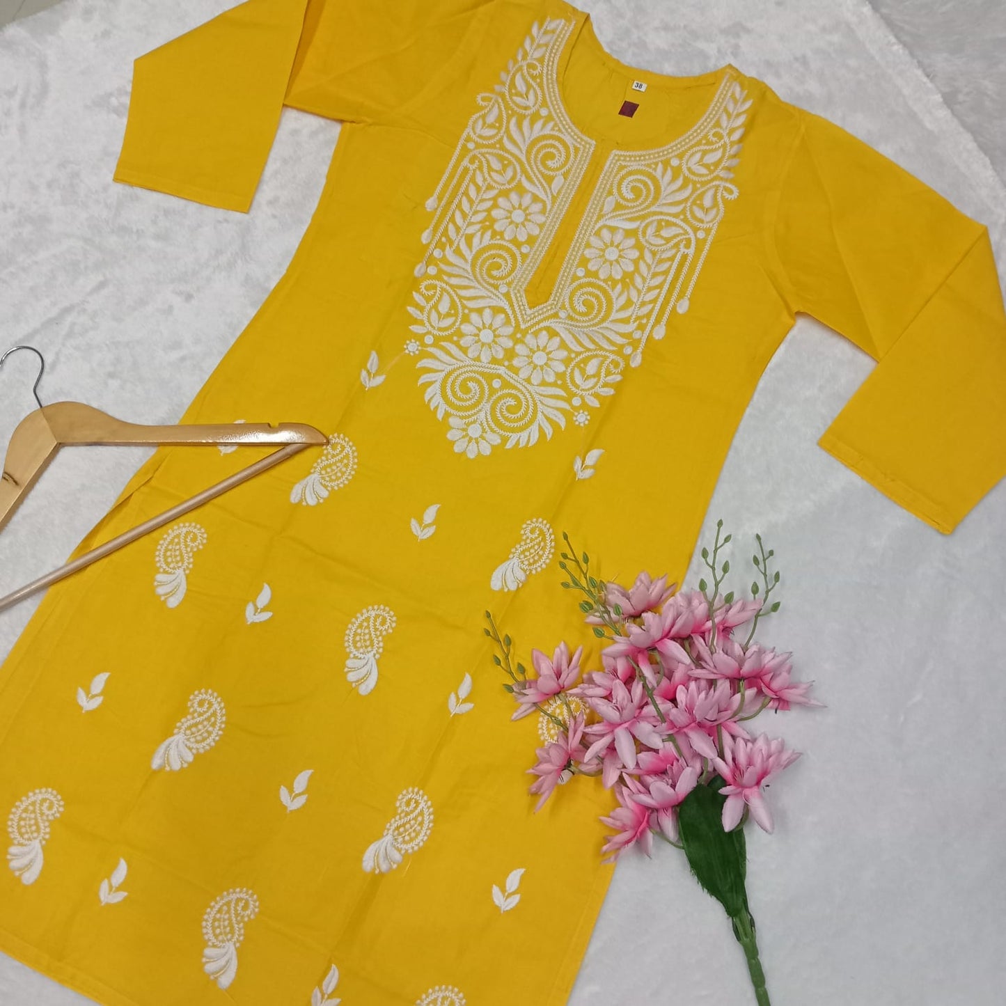 Cotton Machine Work Chikankari Kurti -Yellow Colour - Chikankaar