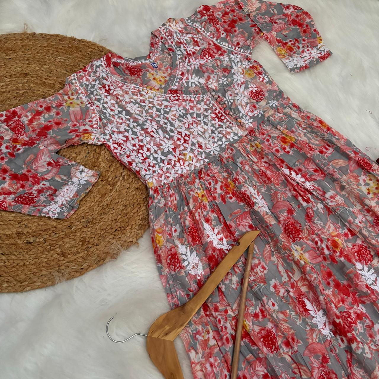 Zainab Pure Mulmul Cotton Gown - Red Colour - Chikankaar