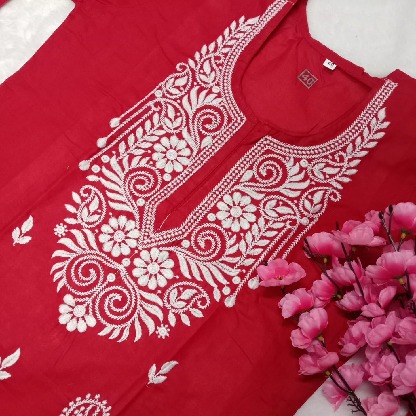 Cotton Machine Work Chikankari Kurti -Red Colour - Chikankaar
