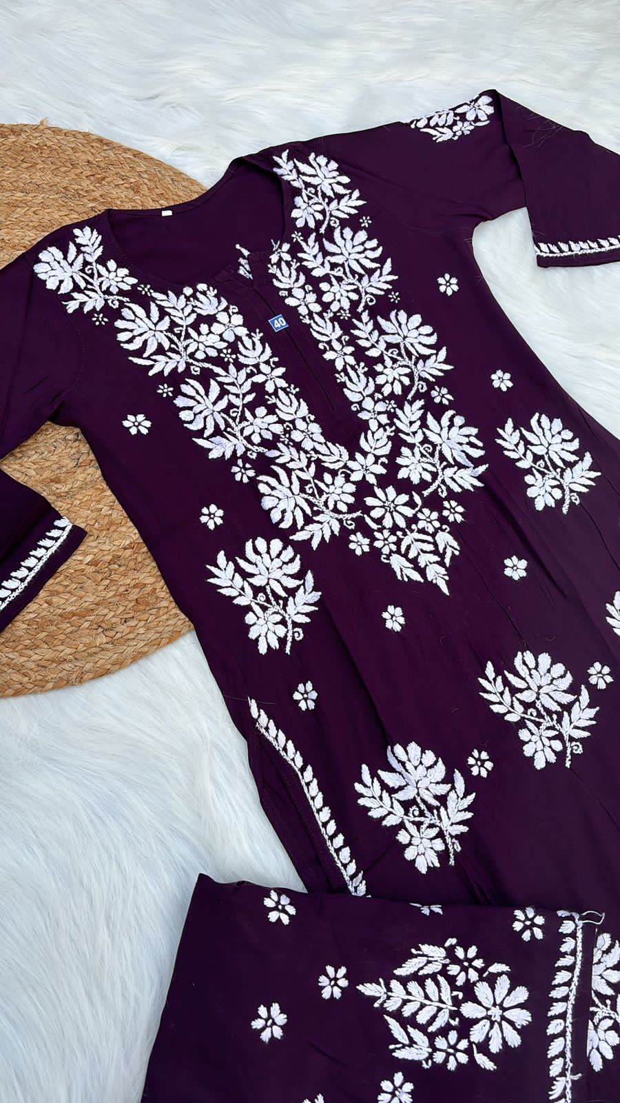 Jannat Soft Rayon Chikankari Kurti Plazo Set -Wine colour - Chikankaar