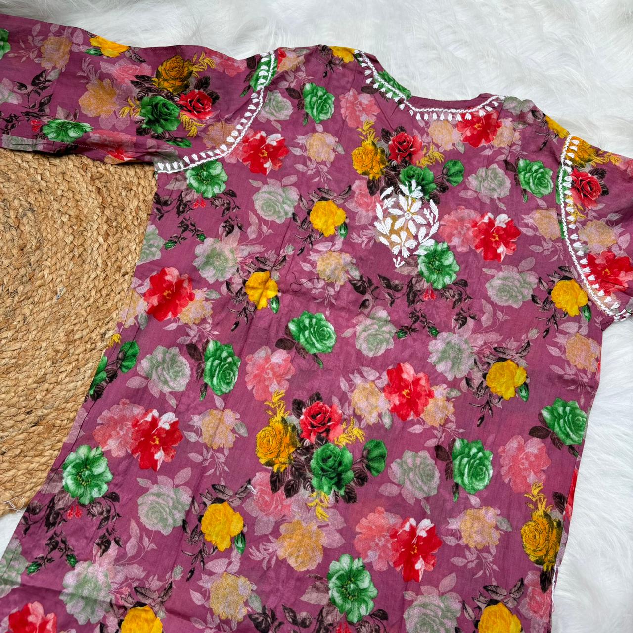 Dhanashree Inspired Mulmul Floral Printed Chikankari Handwork Kurti -Fuschia Colour - Chikankaar