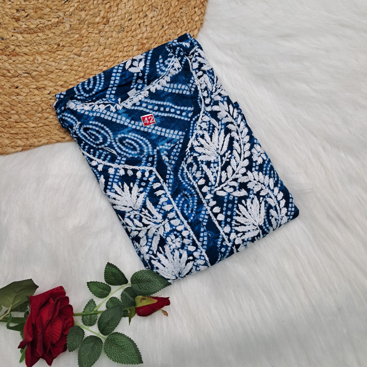 Falak Bandhani Print Rayon Chikankari Kurti Blue Colour - Chikankaar