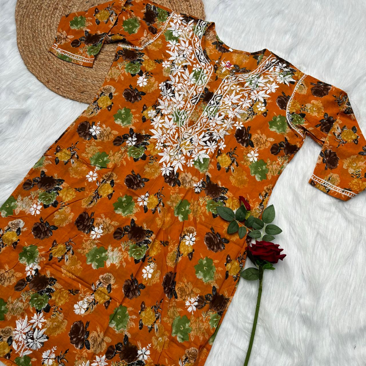 Plus size special-Dhanashree Inspired Mulmul Floral Printed Chikankari Handwork Kurti- Mustard Colour - Chikankaar