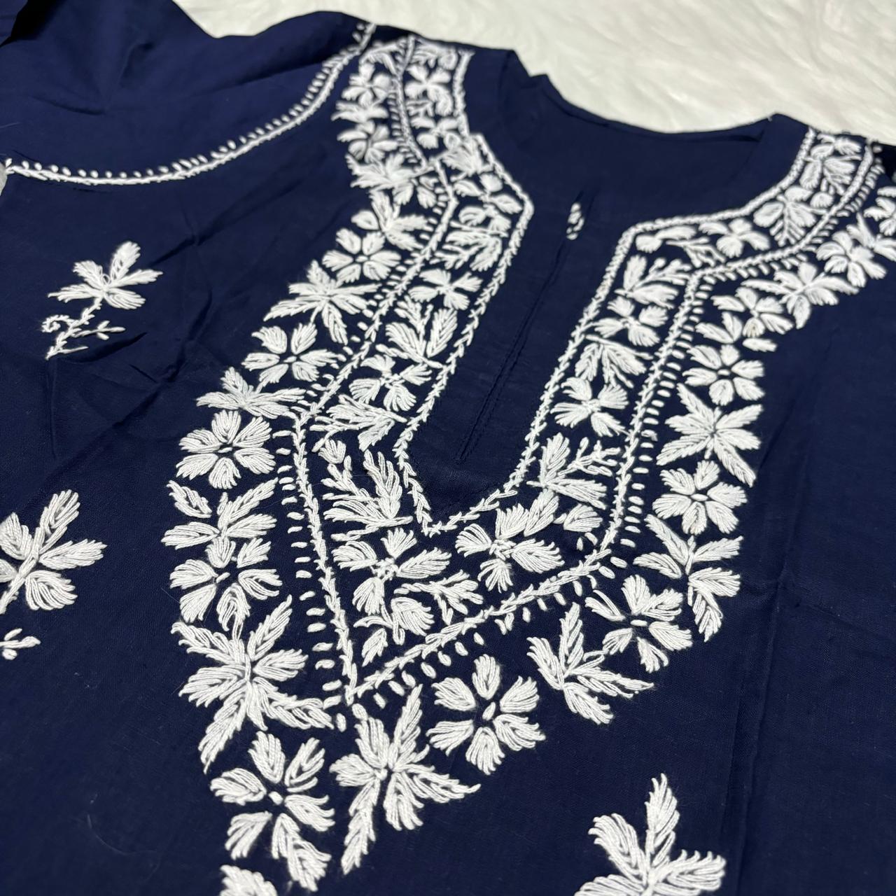 Ziya Pure Cotton Chikankari Short Top- Navy Blue Colour - Chikankaar