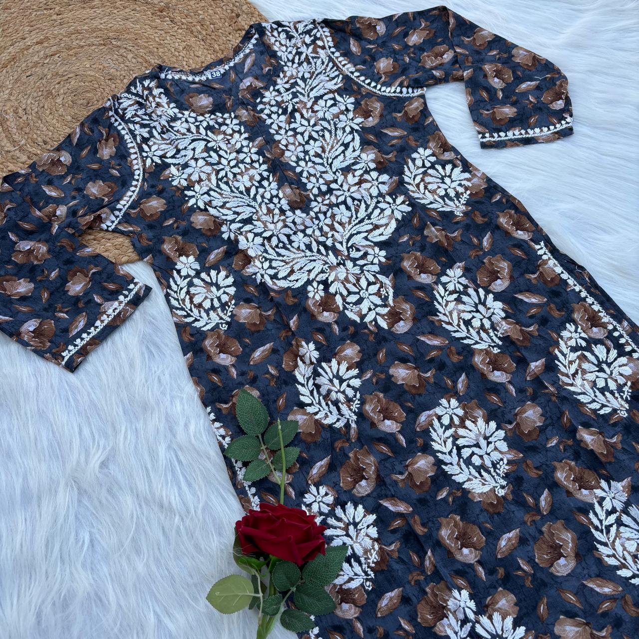Sana Pure Mulmul Chikankari Handwork Kurti - Dark Blue Colour