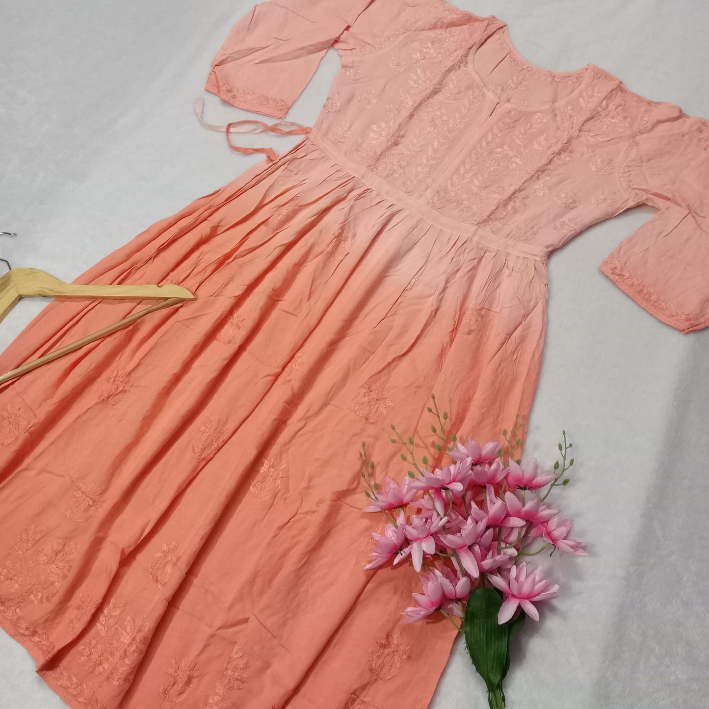 Pure Modal Dual Shaded Chikankari Gown With Dori -Peach Colour - Chikankaar