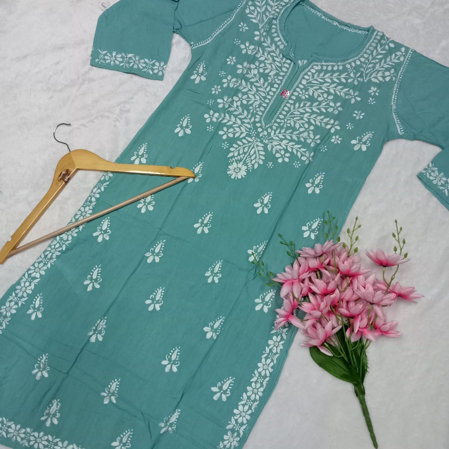 Soft Rayon Chikankari Ghaspatti Work Kurti -Aqua Lake Colour - Chikankaar