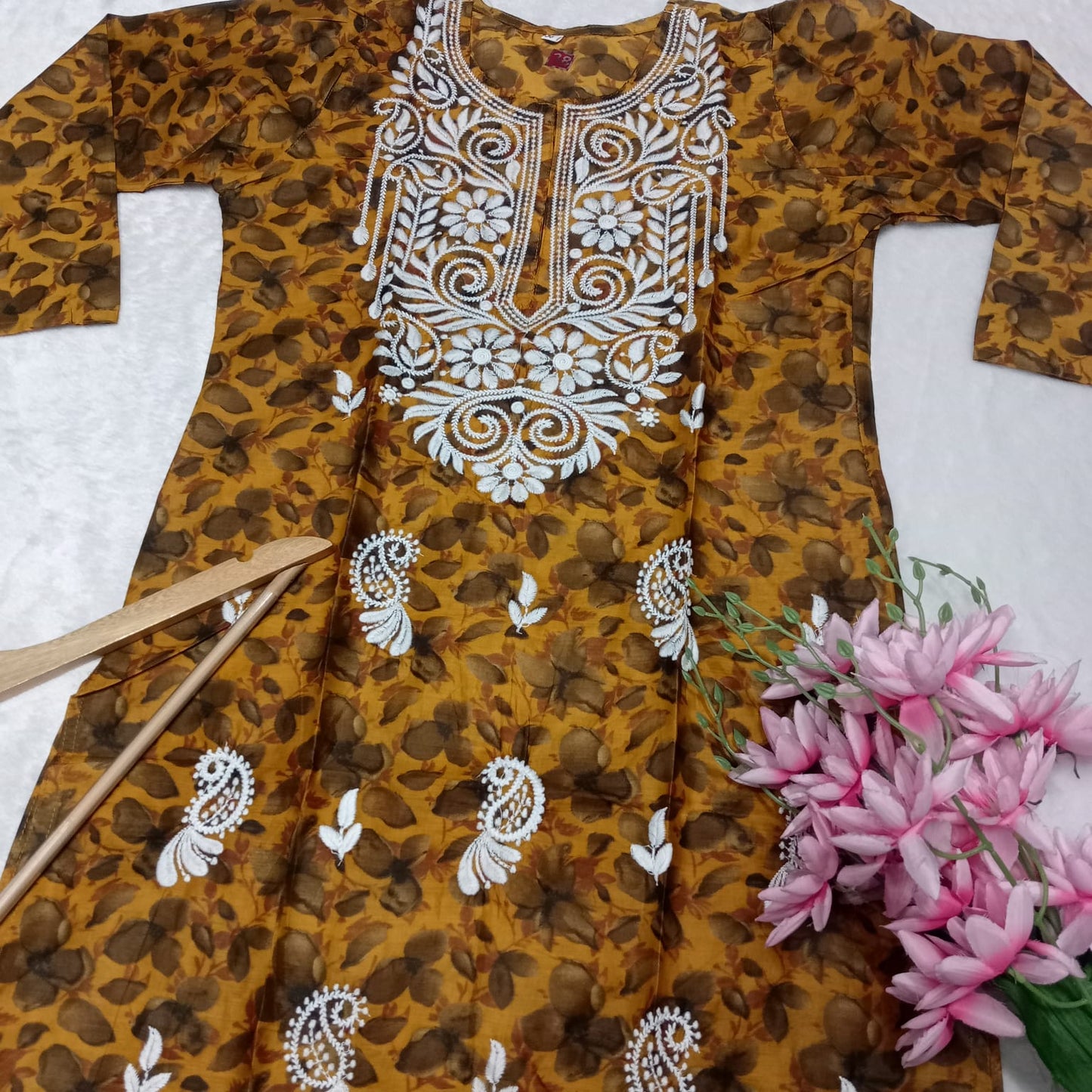 Cotton Silk Chikankari Machine Work Kurti - Mustard Colour - Chikankaar