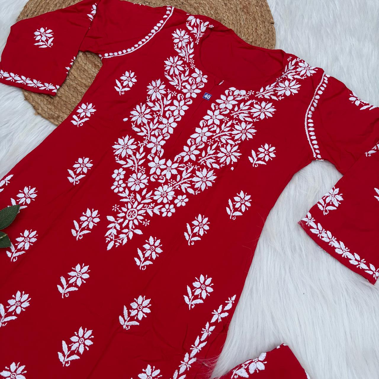 Maya Rayon Chikankari Kurti Plazo Set - Red Colour