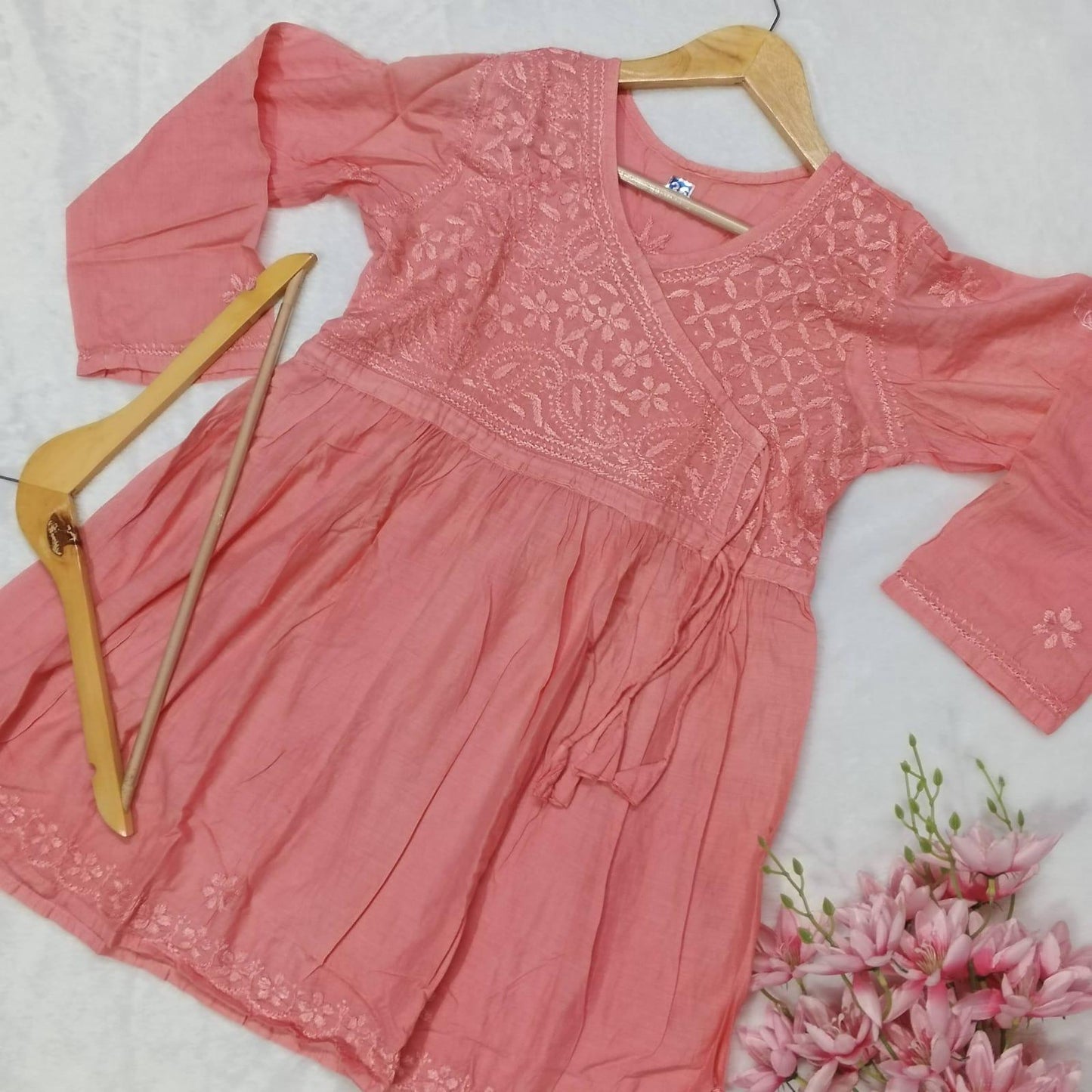 Dobby Cotton Chikankari
Short Angarakha Gown - Peach Colour - Chikankaar